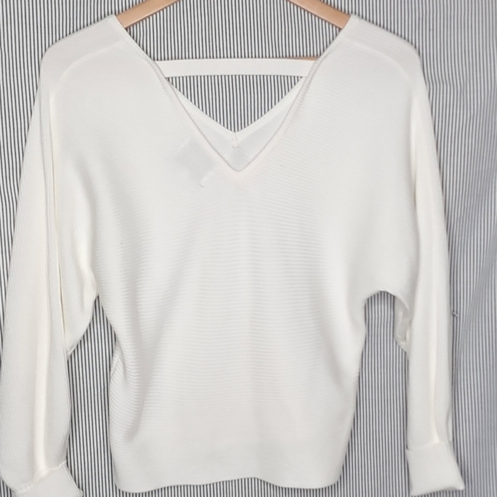 Pink Rose White Ribbed V Neck Dolman‎ Sleeve Casual Knit Top